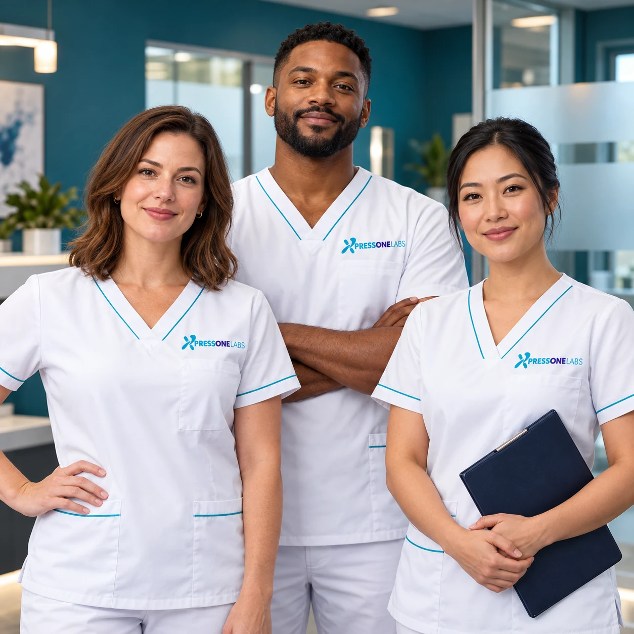 Illustrative diverse team of three confident collection professionals in white Xpress One Labs uniforms