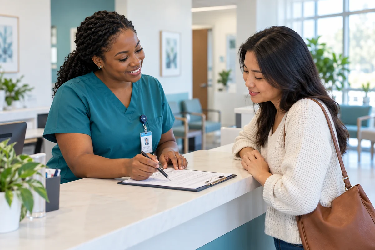 Illustrative clinic consultation with a collection professional helping a visitor prepare for an appointment