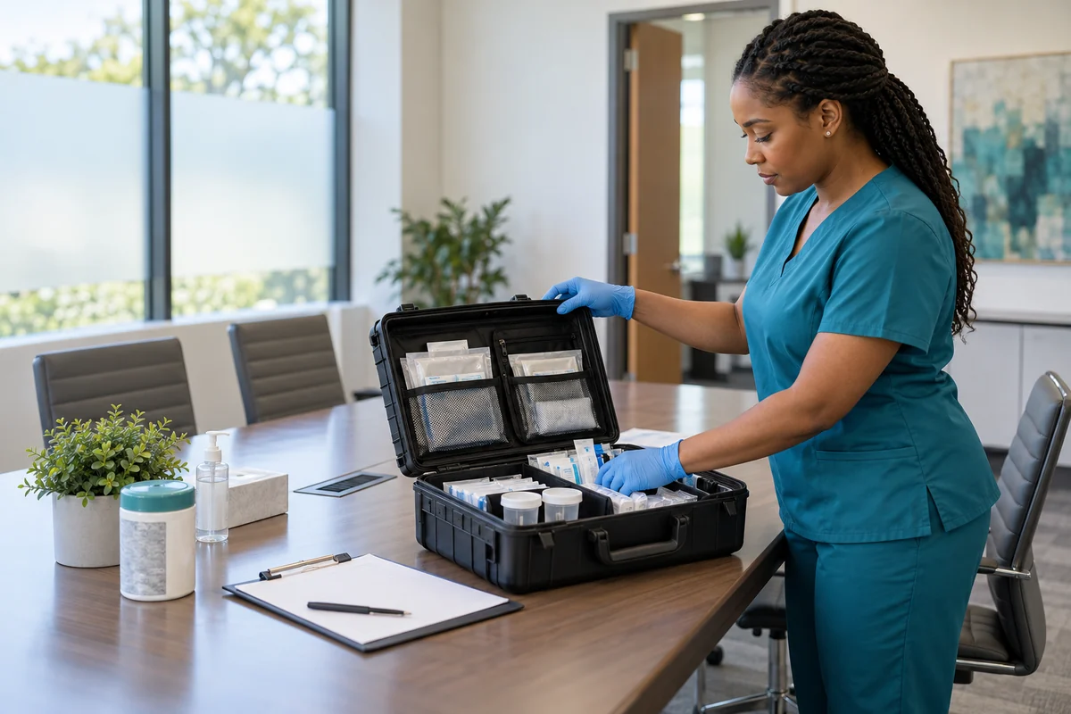 Illustrative collection professional preparing a portable testing kit in a private workplace room
