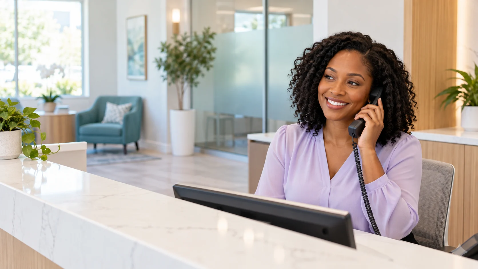 Illustrative clinic receptionist answering a telephone call