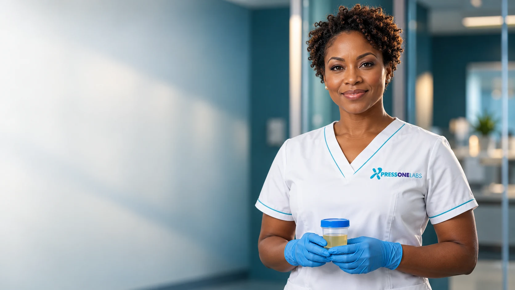 Illustrative confident Black female collection professional wearing a white Xpress One Labs uniform and holding a sealed sample