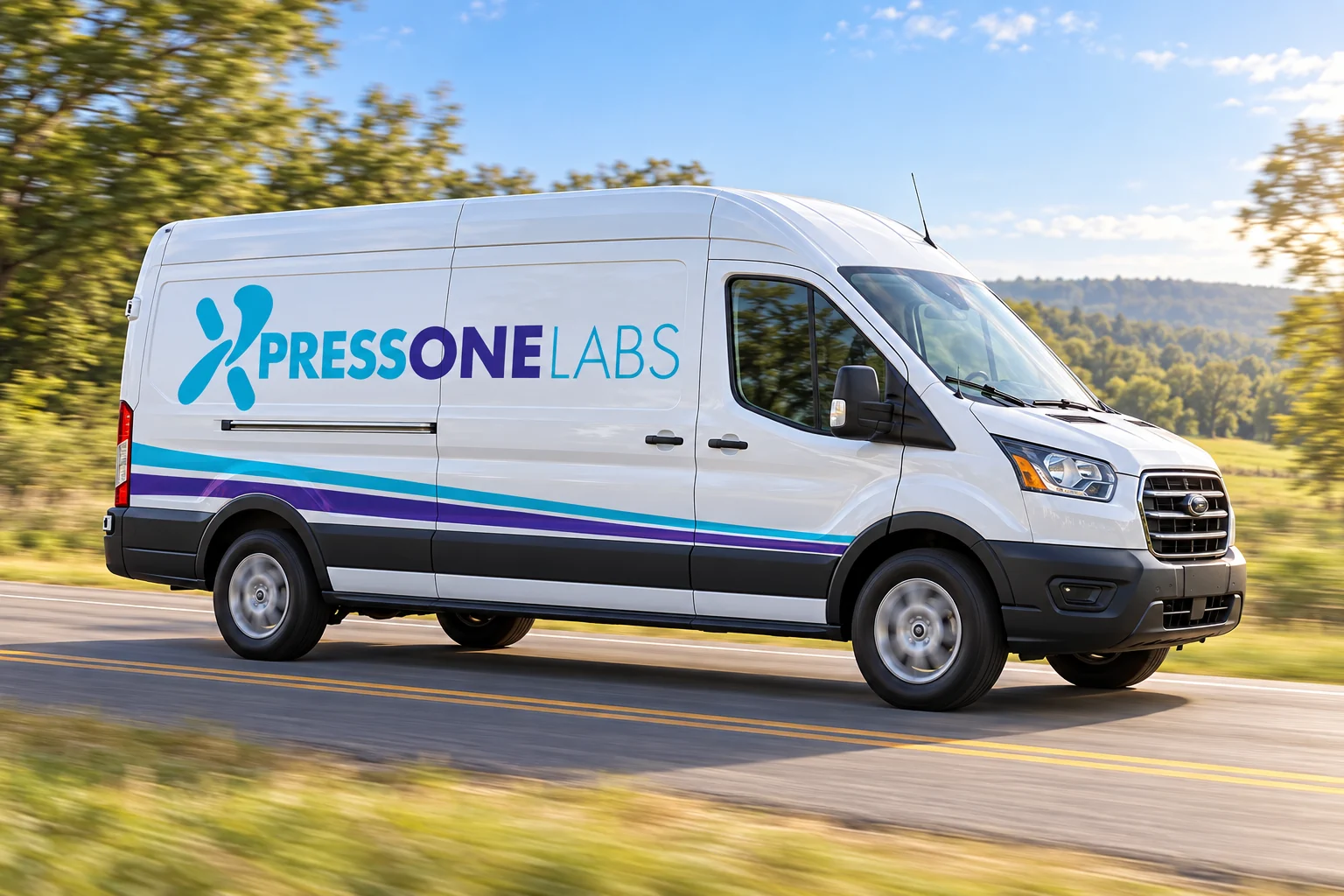Photorealistic illustration of a white Xpress One Labs van travelling along a country road